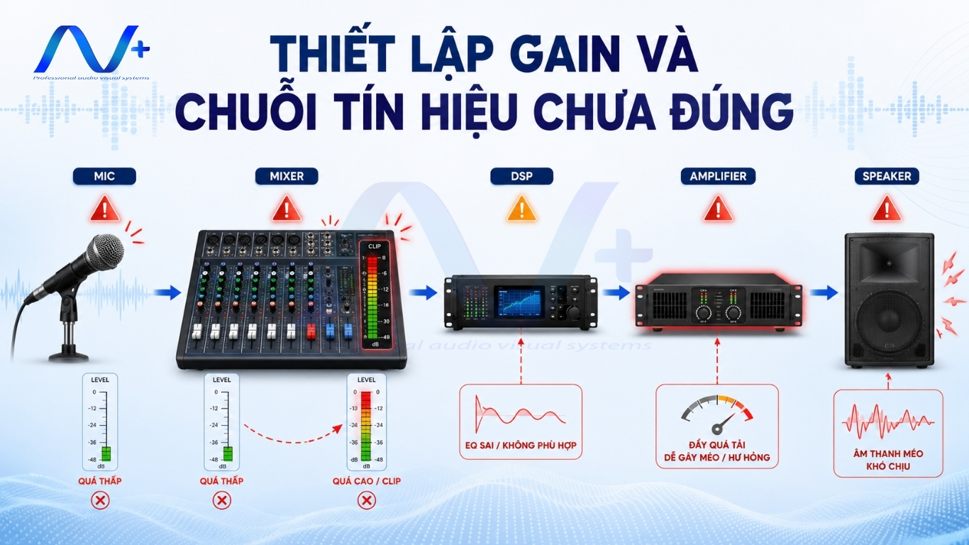 Thiết lập gain và chuỗi tín hiệu chưa đúng