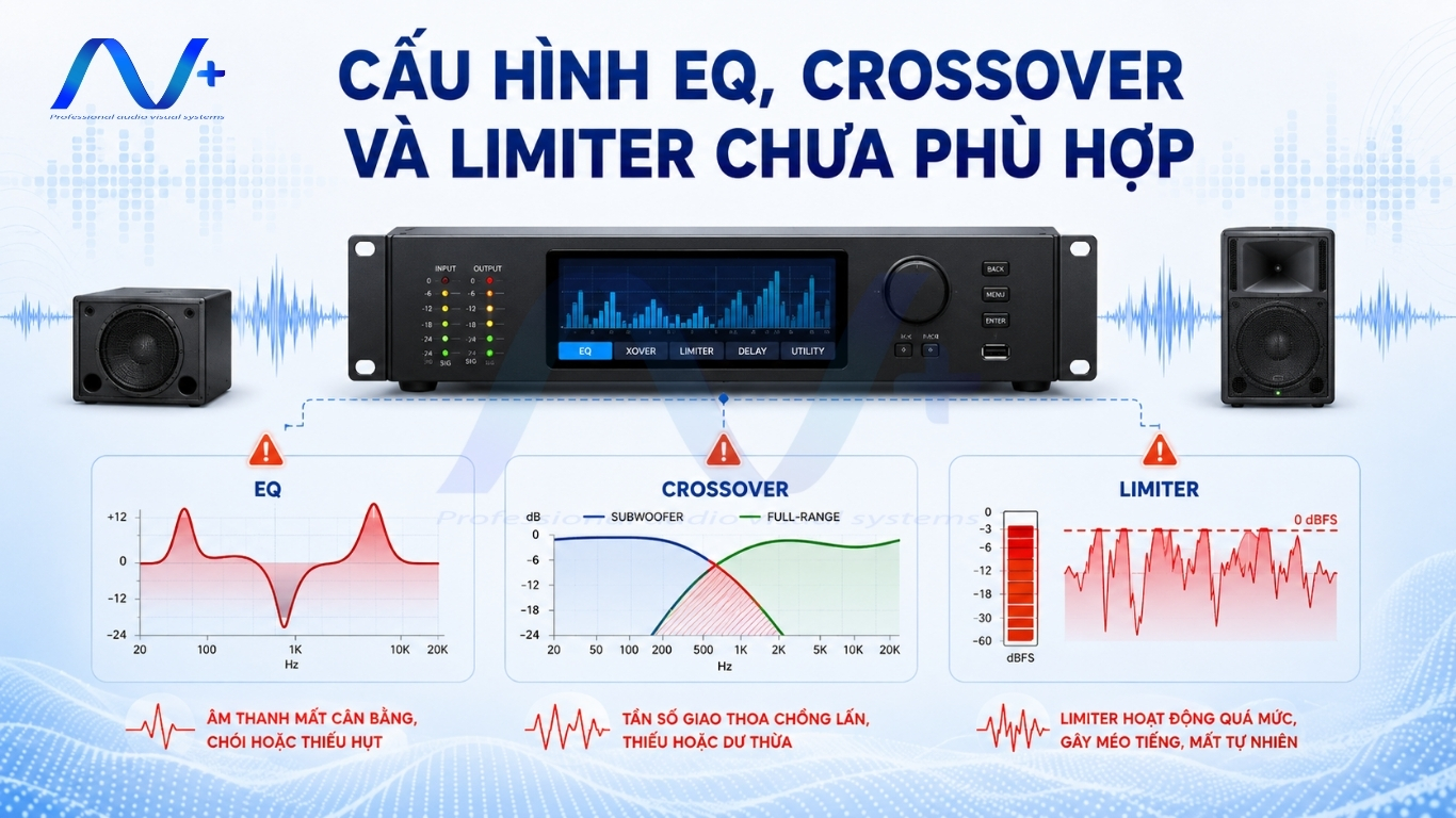 Cấu hình EQ, crossover và limiter chưa phù hợp
